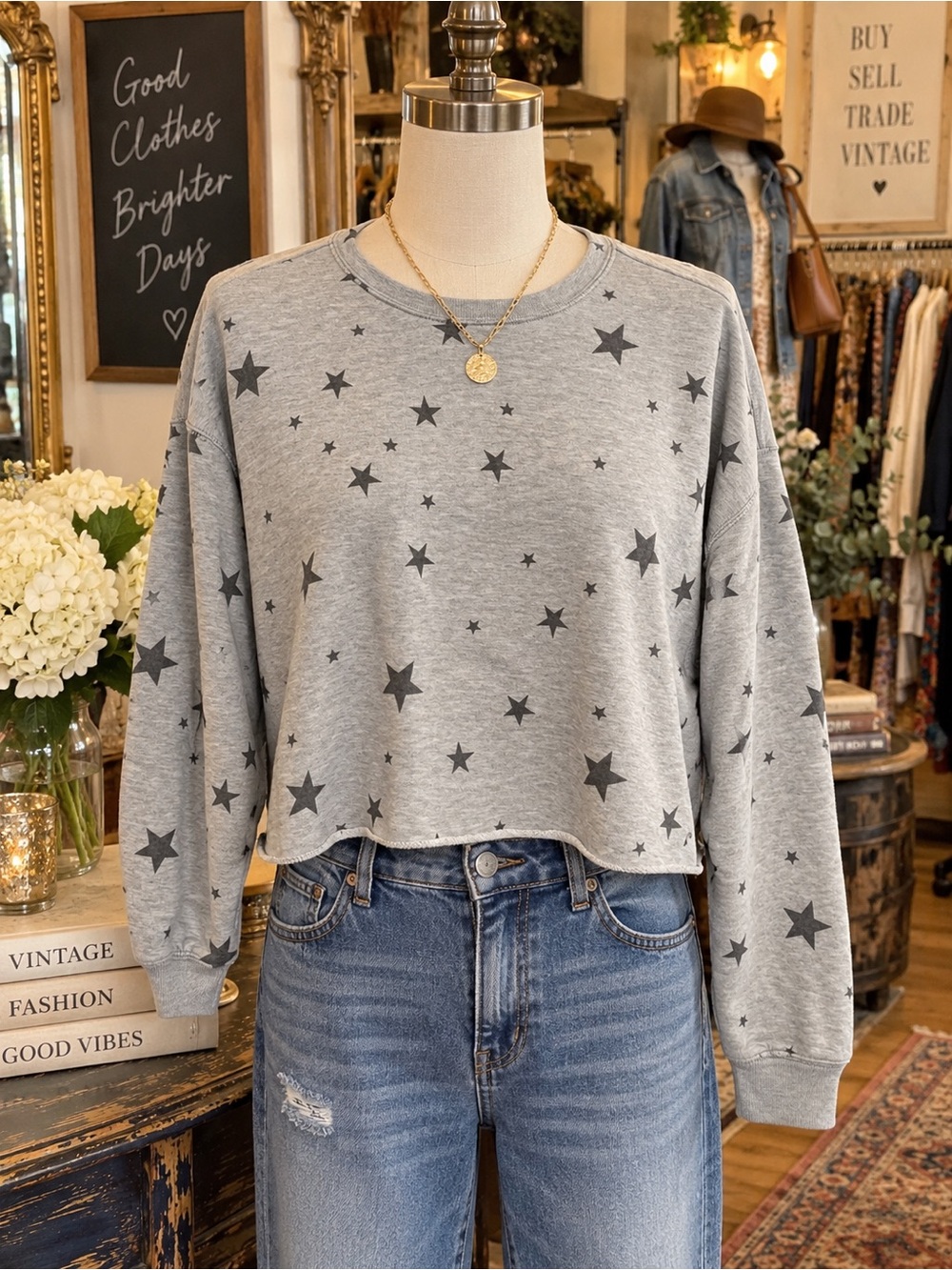 Paper Crane Gray Star Print Cropped Sweatshirt
